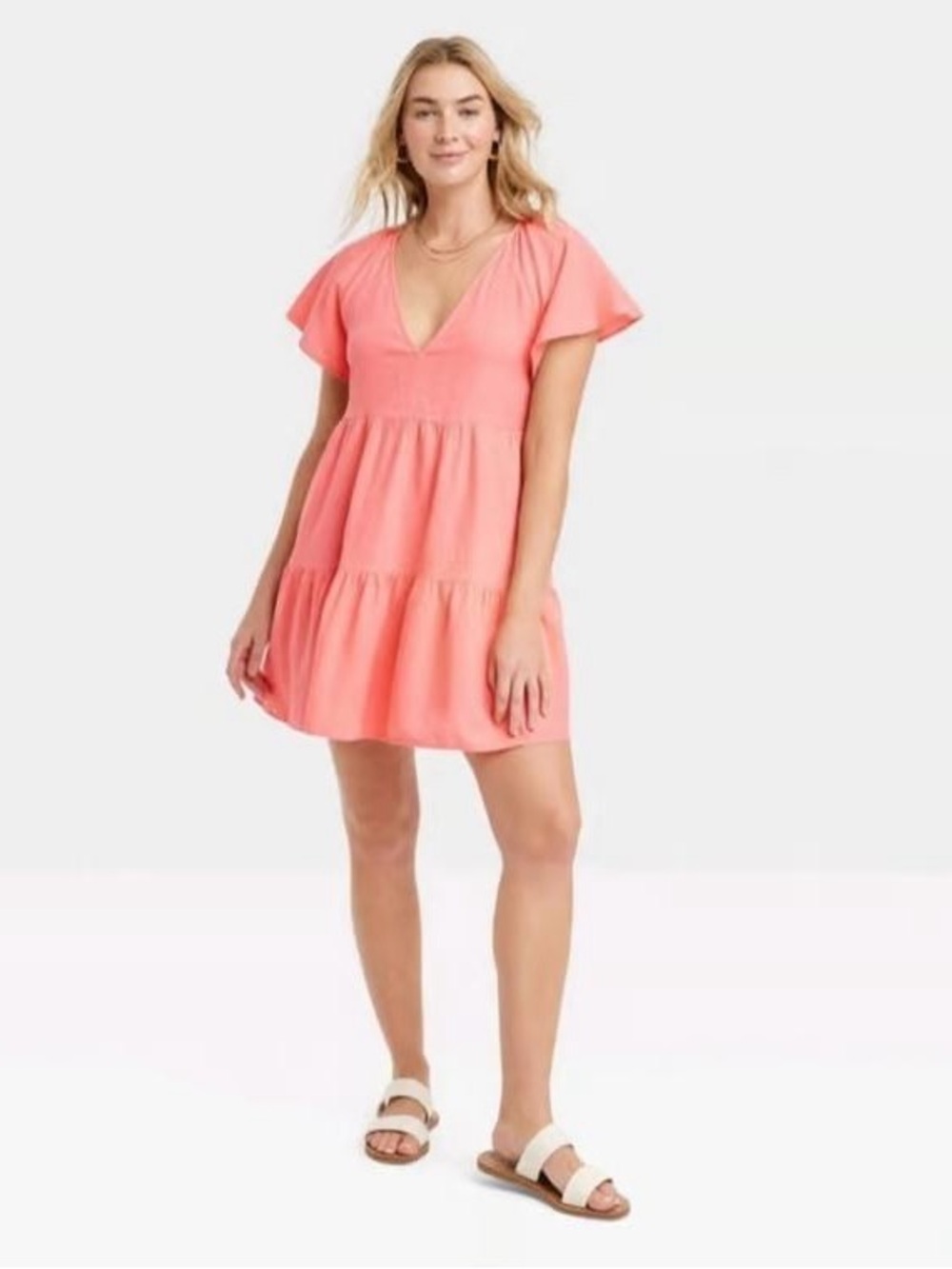 Universal Thread Neon Coral V Neck Puff Tiered Mini Dress Size XL